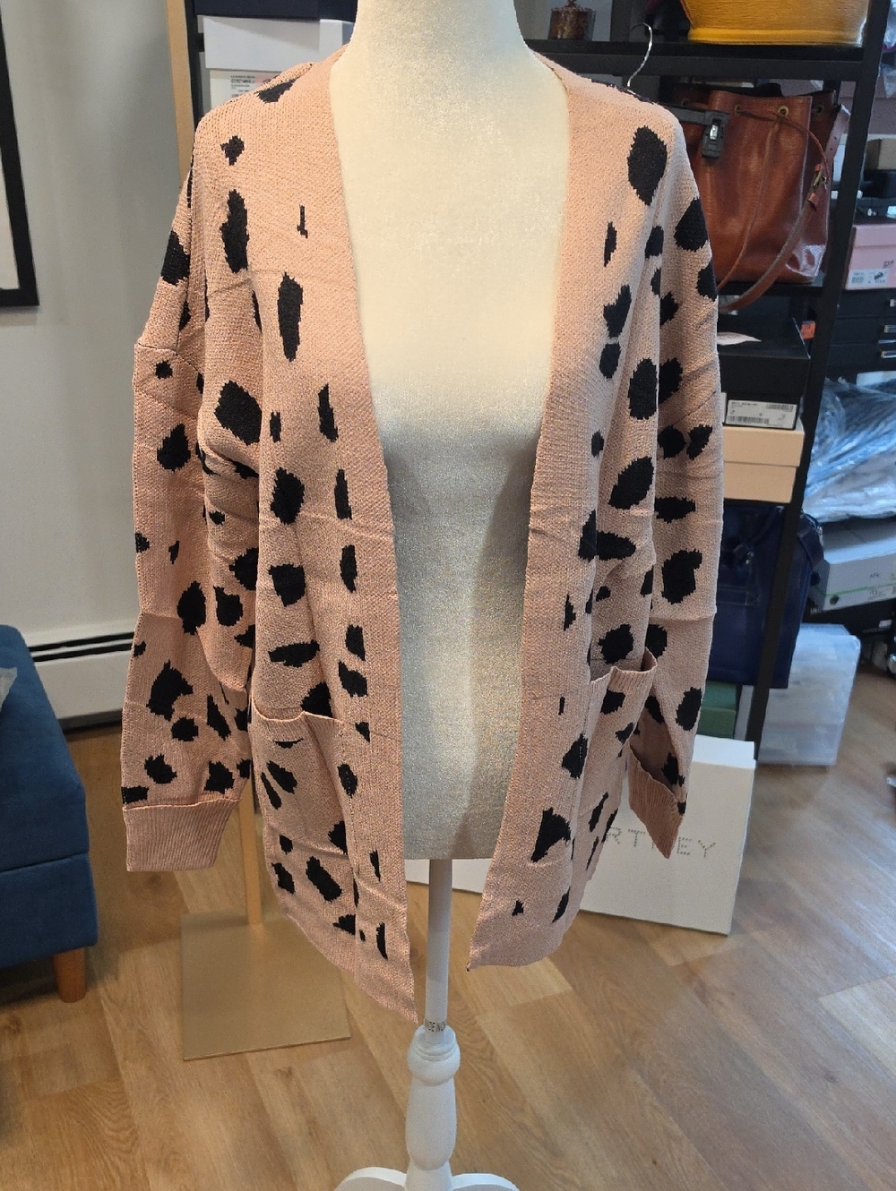 Cozy Pink & Black Leopard Open-Front Cardigan Sweater